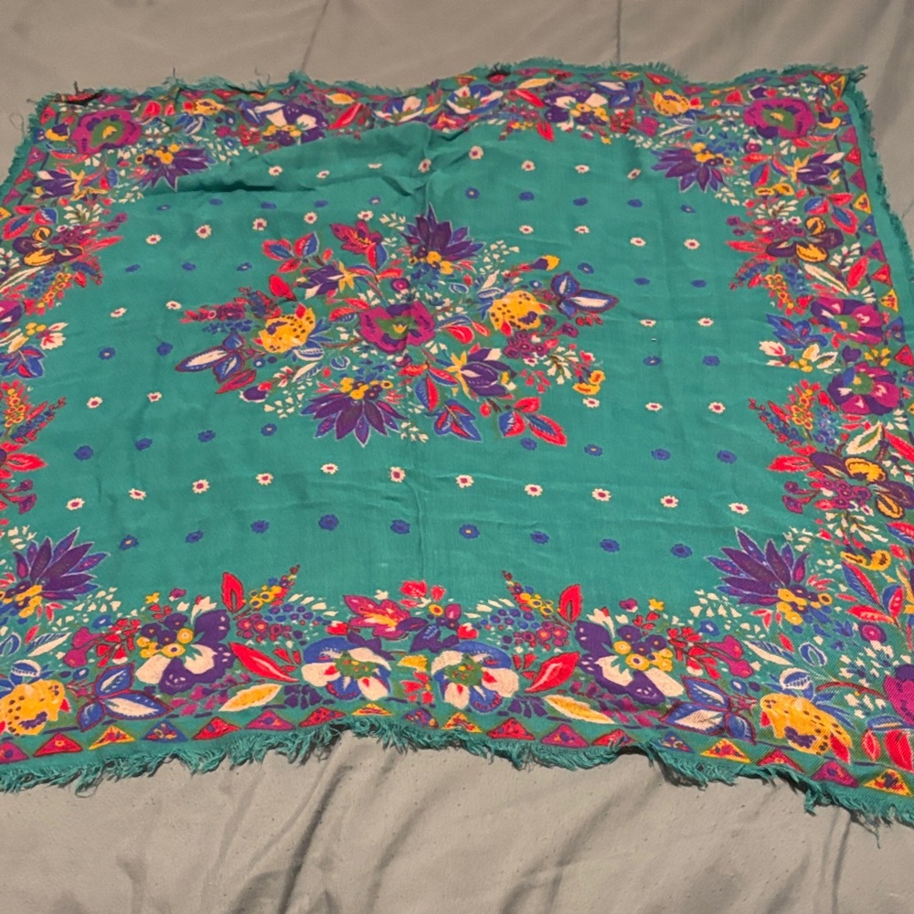 Flowered Teal Scarf 28” square